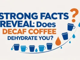 Informational graphic with text 'Strong Facts Reveal: Does Decaf Coffee Dehydrate You?' in blue and orange typography, decorated with coffee cup icons and water droplets on a light background