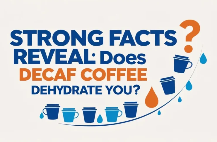 Informational graphic with text 'Strong Facts Reveal: Does Decaf Coffee Dehydrate You?' in blue and orange typography, decorated with coffee cup icons and water droplets on a light background