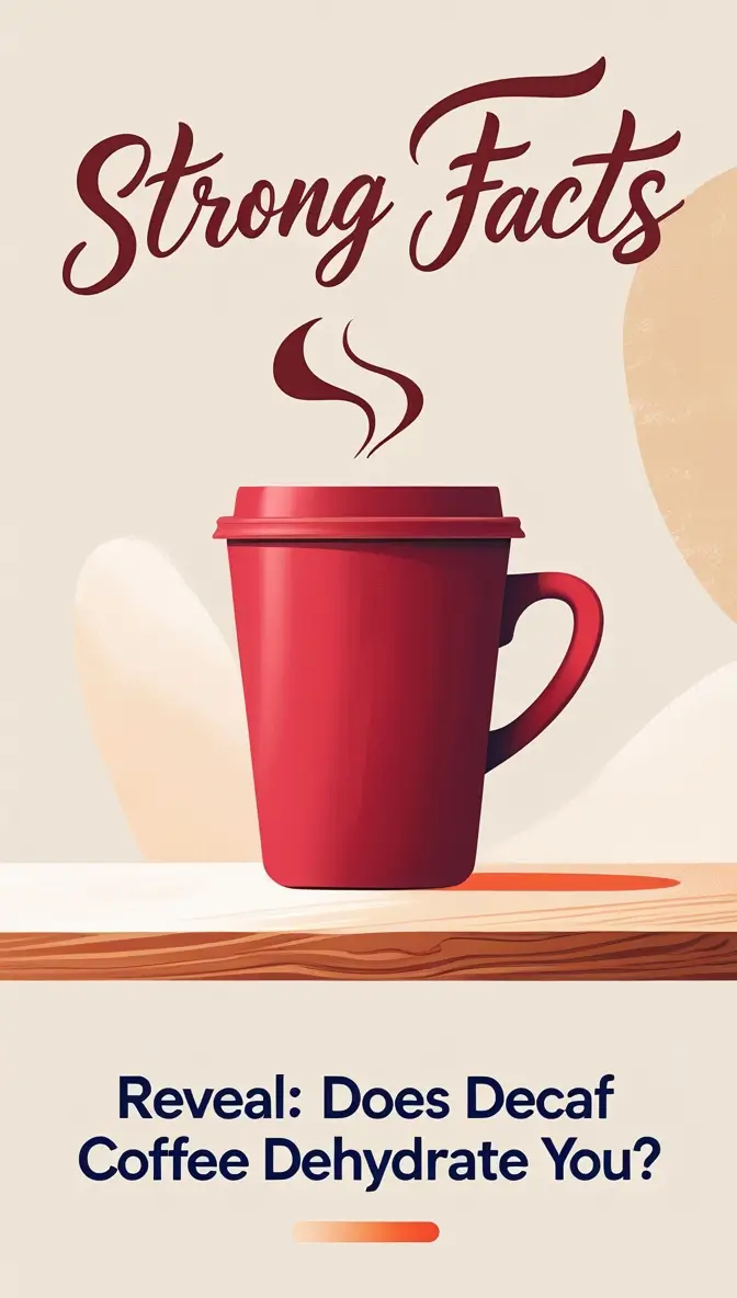 Minimalist illustration featuring a steaming red coffee cup with lid on a wooden surface. Text reads 'Strong Facts' in elegant burgundy script at the top, and 'Reveal: Does Decaf Coffee Dehydrate You?' in navy blue at the bottom. The design uses a warm beige background with subtle shadows for depth.