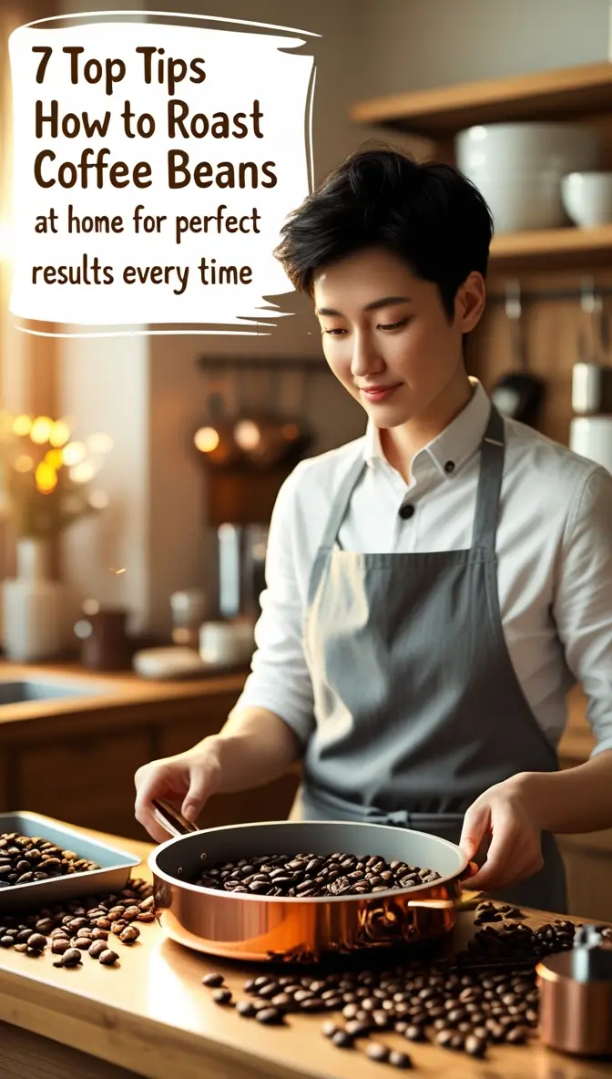 Coffee roasting at home demonstration showing a person in gray apron preparing coffee beans in a roasting pan with warm cafe lighting and '7 Top Tips' text overlay