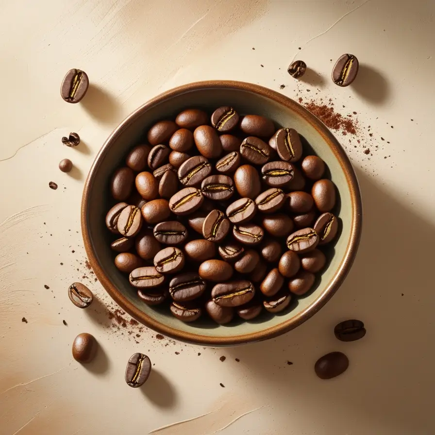 Fresh Brazil Santos coffee beans in a ceramic bowl, showing medium-brown roast with scattered beans and coffee dust on beige surface