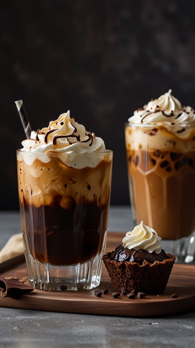 British Iced Coffee layered in tall glasses with whipped cream, chocolate drizzle, and a chocolate tart on wooden board