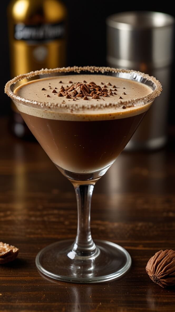 Elegant martini glass filled with English Toffee Coffee Martini featuring a chocolate-rimmed edge and chocolate shavings garnish. Dark coffee-colored cocktail with a perfect creamy top layer, photographed on a wooden surface with a blurred liquor bottle and cocktail shaker in the background.