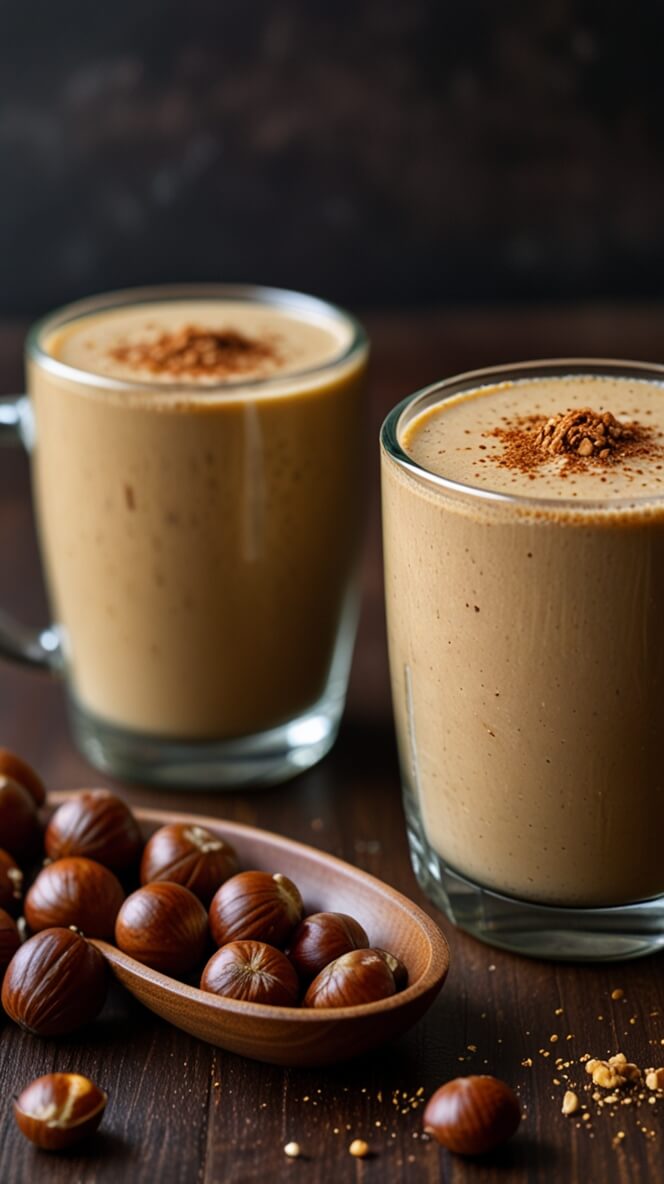 Two creamy hazelnut protein coffees in clear glass mugs with cocoa dusting on top, served alongside fresh hazelnuts in a wooden bowl on a dark rustic table