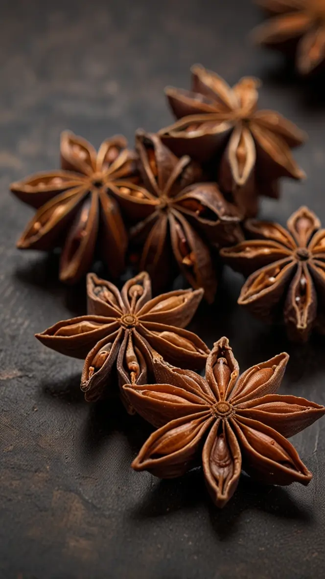 Fresh whole star anise pods showing eight-pointed star shape with deep brown color on dark surface, macro photography of Chinese spice