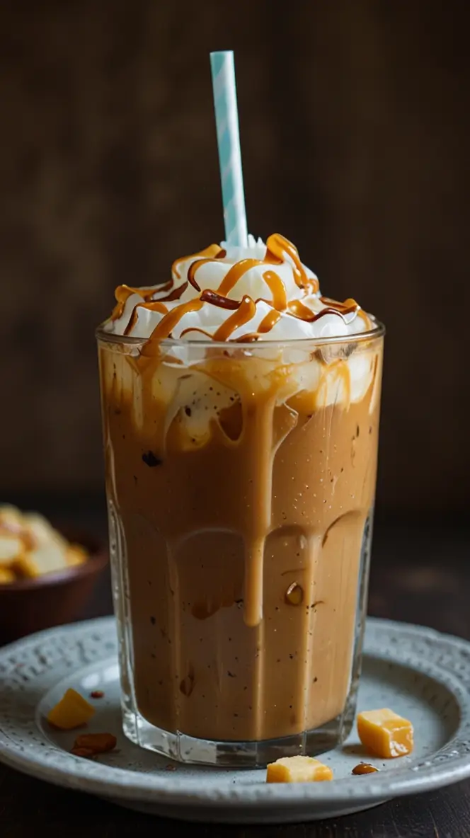 Sugar-free caramel iced coffee in a tall glass, topped with whipped cream and sugar-free caramel drizzle, served with a blue striped straw on a vintage plate with caramel pieces