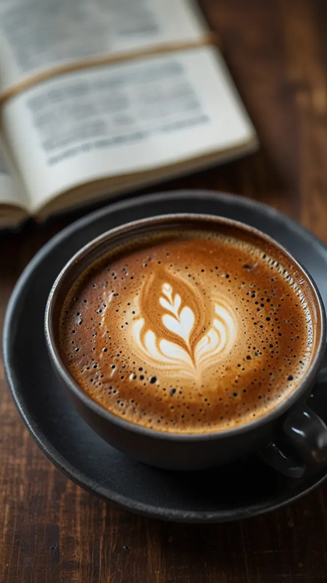 Adaptogenic Coffee Loophole with delicate leaf latte art in black ceramic cup beside open book for stress-reducing benefits