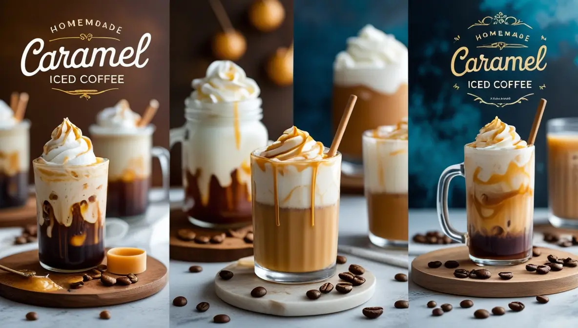 Various homemade caramel iced coffee drinks in tall glasses garnished with whipped cream, caramel drizzle, and chocolate shavings, arranged on a light surface with scattered coffee beans