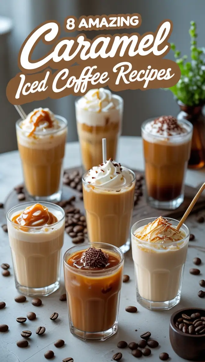 Various homemade caramel iced coffee drinks in tall glasses garnished with whipped cream, caramel drizzle, and chocolate shavings, arranged on a light surface with scattered coffee beans