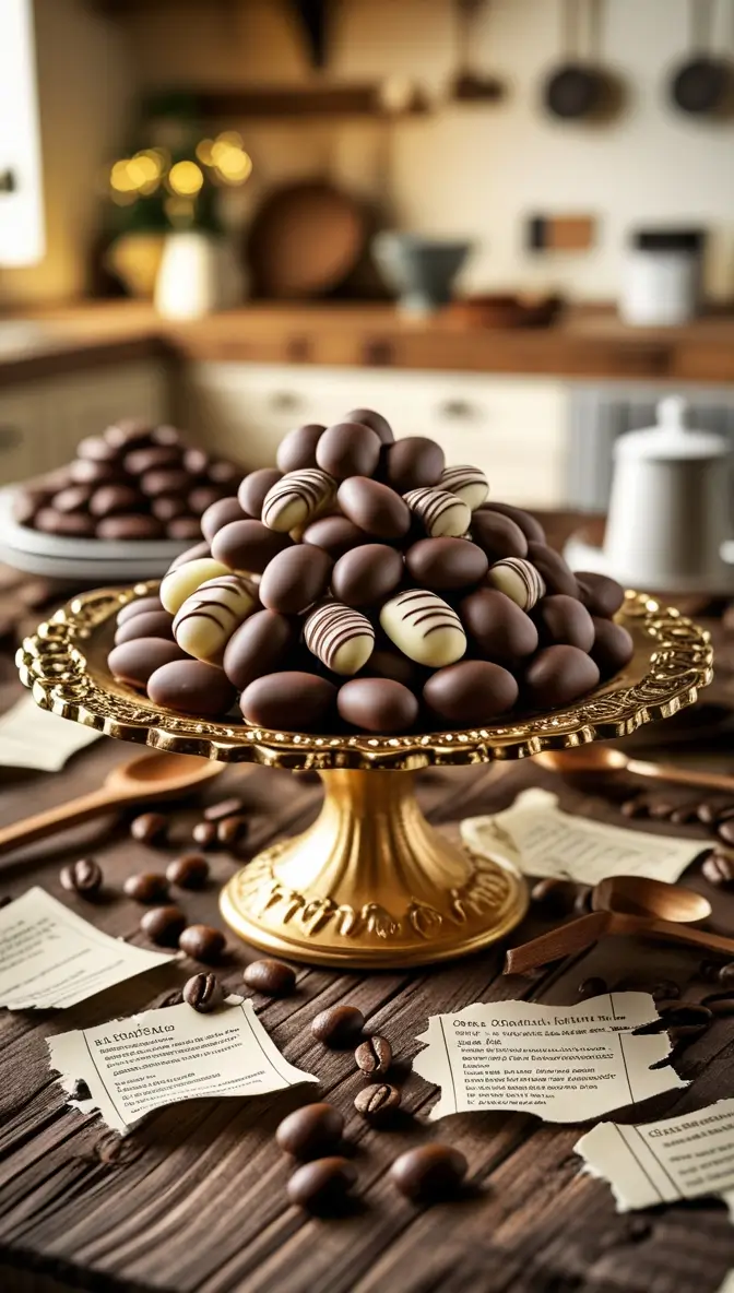 Gourmet chocolate covered coffee beans displayed on gold vintage cake stand with recipe cards and coffee beans scattered on rustic wooden table