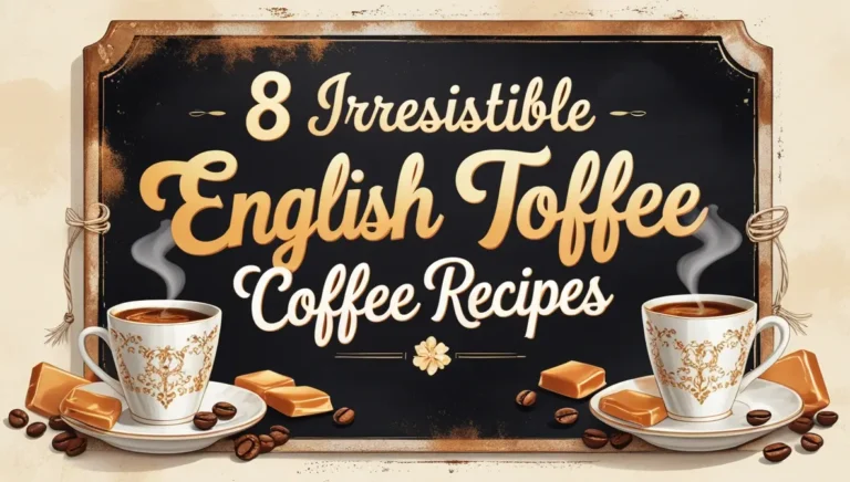 Vintage-style blackboard illustration featuring decorative gold text reading "8 Irresistible English Toffee Coffee Recipes," flanked by two ornate white coffee cups with gold patterns, steaming coffee, scattered coffee beans, and pieces of golden toffee, all set within an aged copper-colored frame.