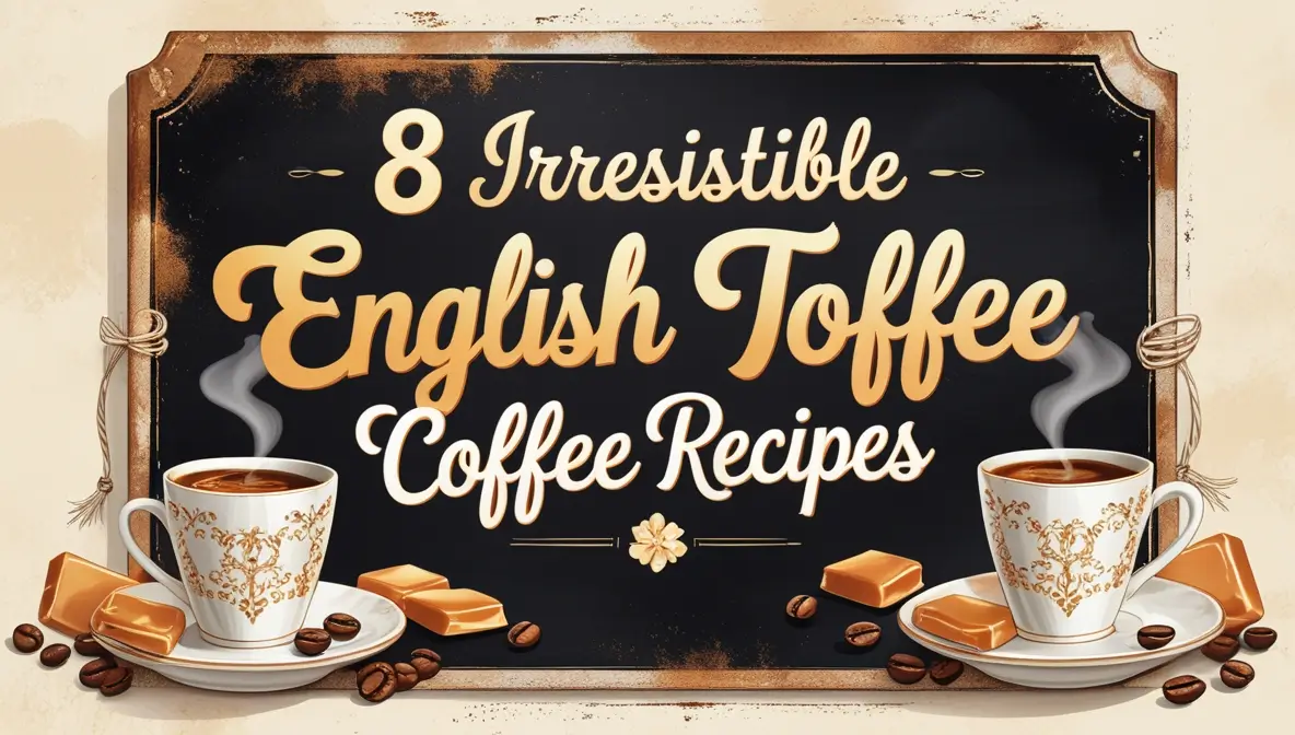 Vintage-style blackboard illustration featuring decorative gold text reading "8 Irresistible English Toffee Coffee Recipes," flanked by two ornate white coffee cups with gold patterns, steaming coffee, scattered coffee beans, and pieces of golden toffee, all set within an aged copper-colored frame.
