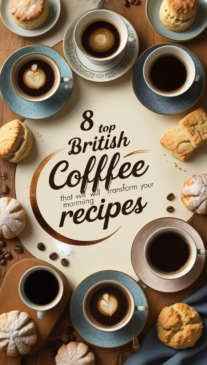 Top British coffee recipes displayed with artisanal coffee cups featuring latte art and traditional British scones and pastries on a rustic wooden surface