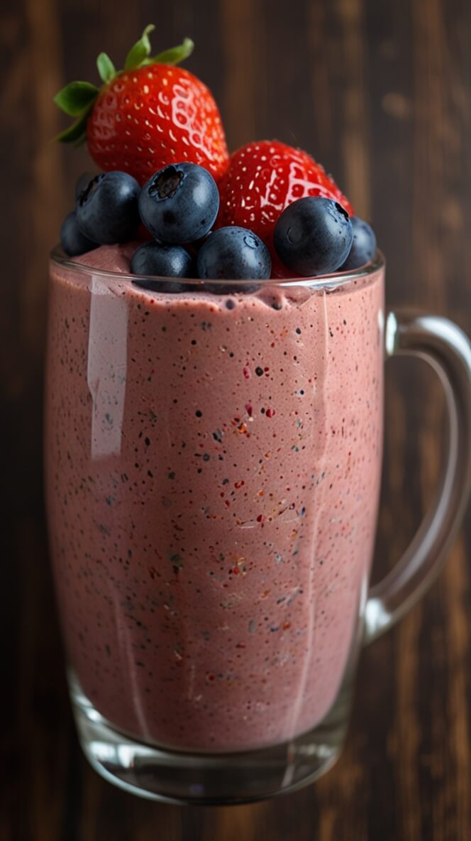 Pink berry protein coffee smoothie in glass mug garnished with fresh strawberries and blueberries, creamy texture against dark wooden background