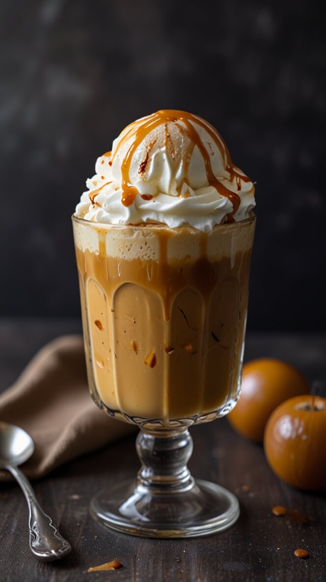 Luxurious caramel affogato iced coffee topped with whipped cream and caramel drizzle in a tall glass, styled with fresh oranges and vintage spoon on dark wooden surface