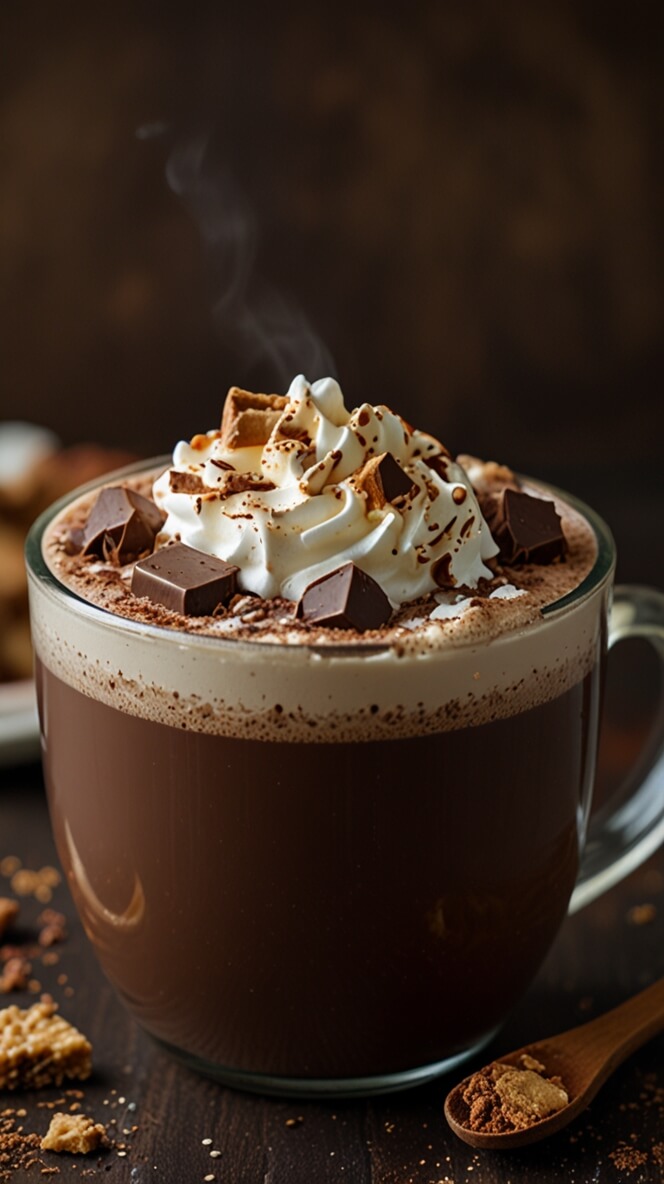 Steaming hot English Toffee Coffee Hot Chocolate in a clear glass mug, topped with swirled whipped cream, chocolate chunks, and toffee pieces. Dark chocolate drink garnished with cocoa powder, photographed with a wooden spoon of cocoa powder and toffee pieces scattered on a dark wooden surface.