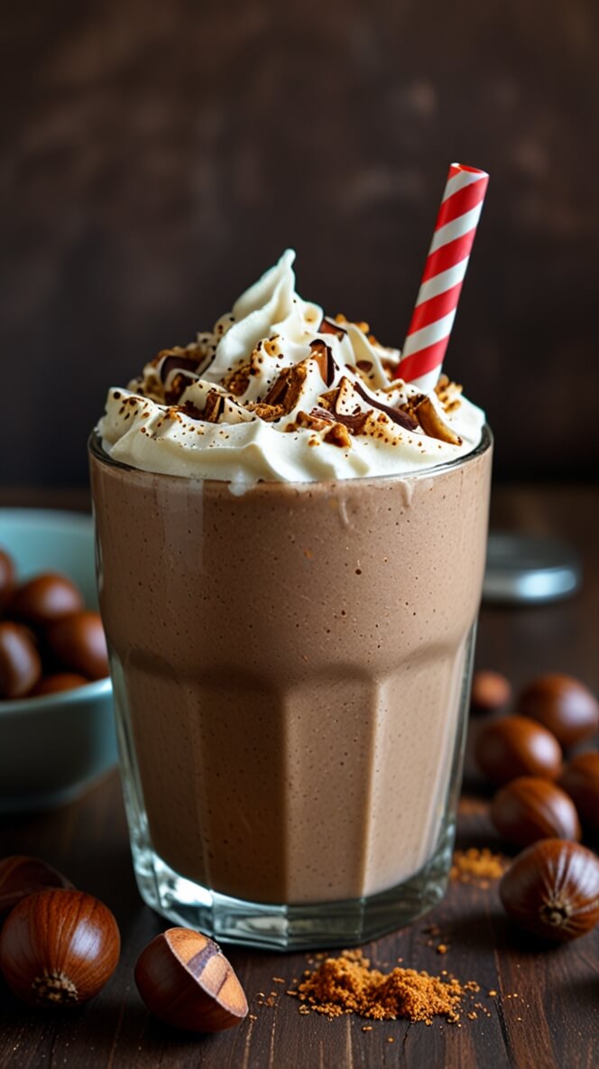 Creamy hazelnut mocha protein shake topped with whipped cream and cocoa powder, served in a tall glass with red striped straw, surrounded by fresh hazelnuts and ground hazelnut powder on dark wooden surface