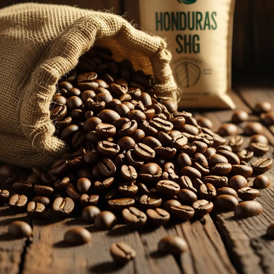 Honduras SHG coffee beans spilling from burlap sack onto rustic wooden surface, with branded Honduras coffee bag in background, showing rich medium-dark roasted beans in warm lighting