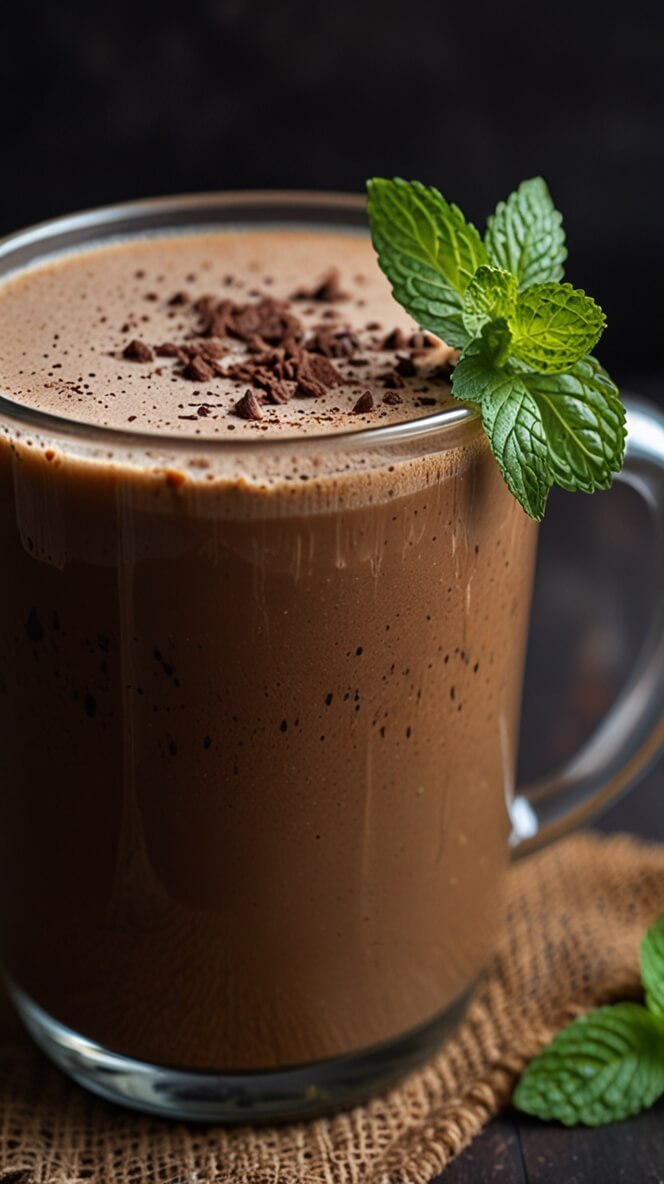 Creamy mint chocolate protein coffee in a clear glass mug, topped with dark chocolate shavings and fresh mint leaves, served on burlap textile with dark background