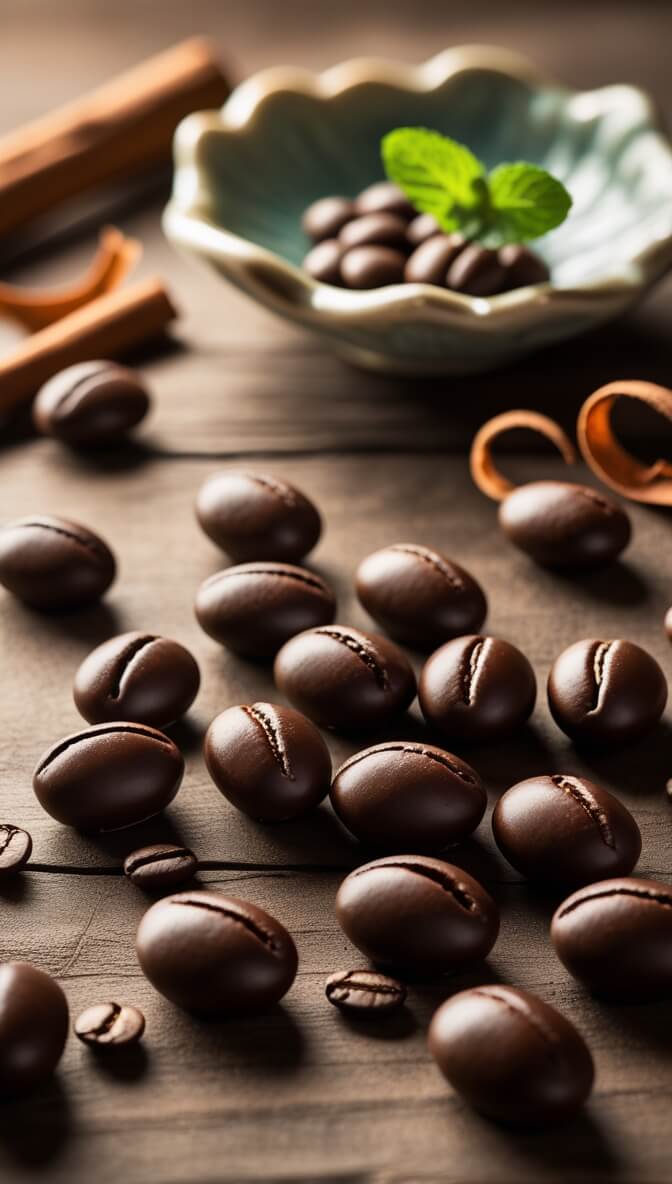 Dark chocolate covered coffee beans with eight exotic spices, artfully scattered on a rustic wooden surface, with a decorative ceramic dish and fresh mint leaves in the background