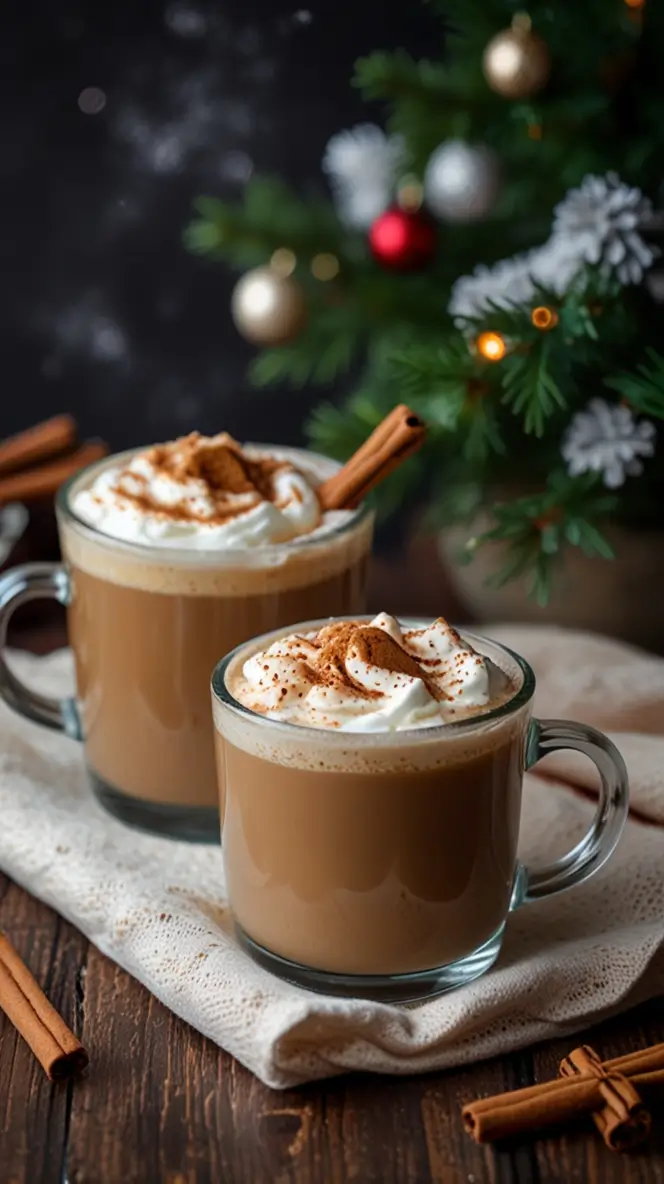 Two glass mugs of creamy cinnamon coffee topped with whipped cream and spices, with Christmas tree and ornaments in background