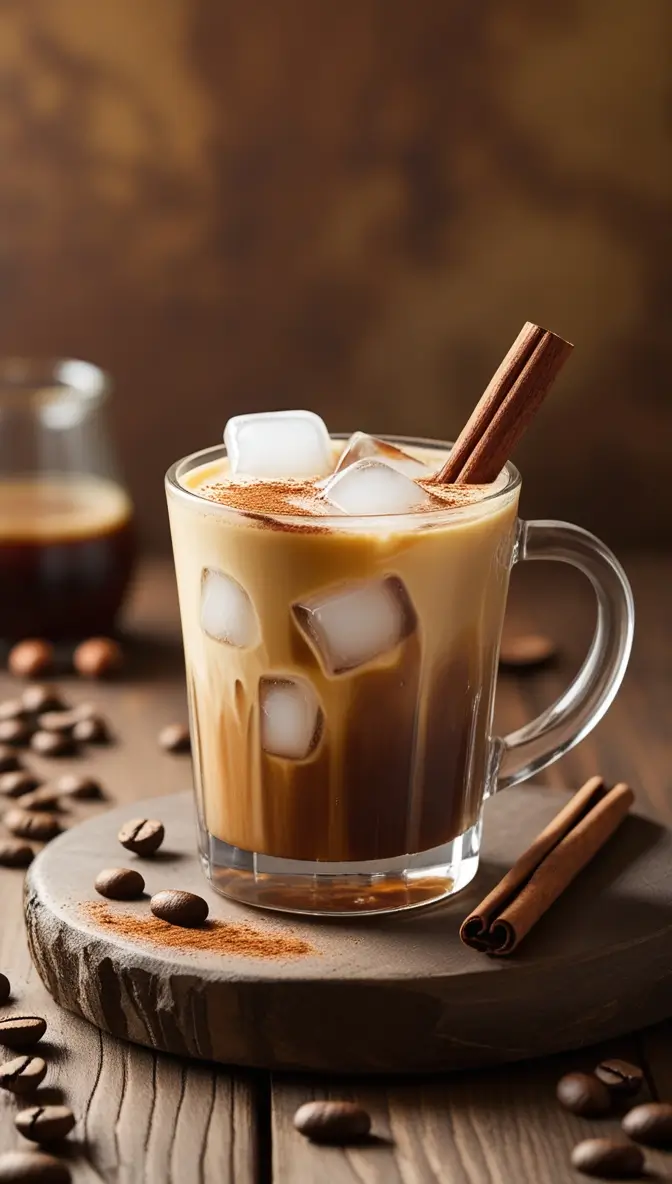 Creamy bourbon hazelnut iced coffee served in a glass mug with ice cubes, cinnamon stick garnish, and coffee beans scattered on rustic wooden board