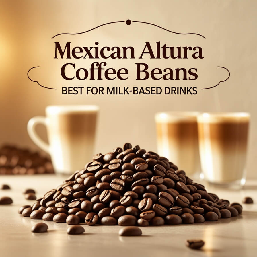 Mexican Altura coffee beans piled in a mound with layered latte drinks in glass cups in the background, showcasing ideal beans for milk-based coffee beverages