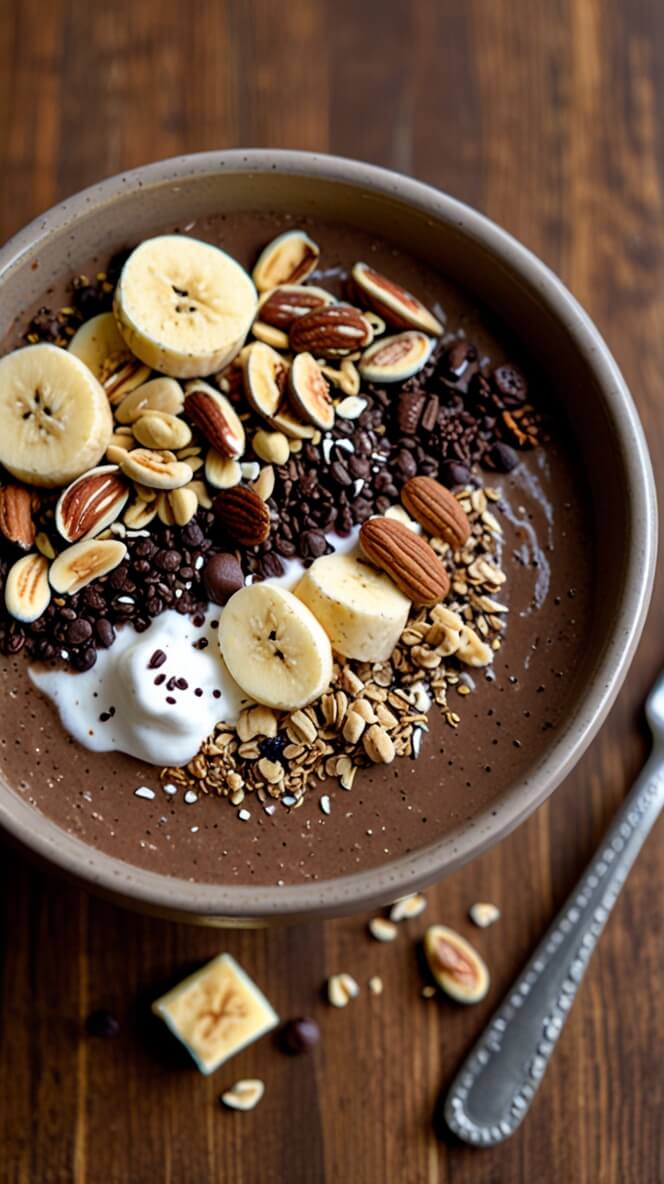 Chocolate protein smoothie bowl topped with sliced bananas, granola, mixed nuts, dark chocolate chips, and yogurt swirl in a speckled ceramic bowl on a dark wooden surface