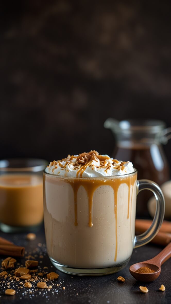 Luxurious salted caramel protein coffee in a glass mug topped with whipped cream, dripping caramel sauce, and crushed toffee bits, served with cinnamon and caramel pieces on a dark surface