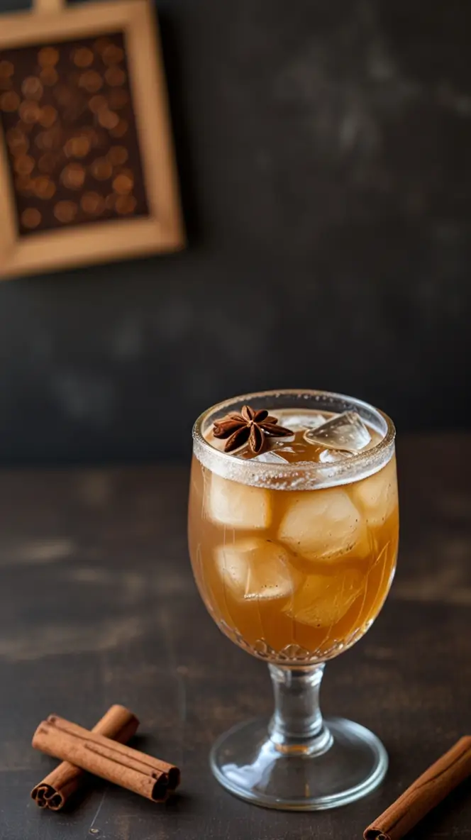 Iced cinnamon coffee spritzer in stemmed glass garnished with star anise and sugar rim, served with cinnamon sticks on dark wooden table