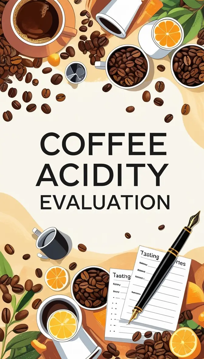 Illustrated coffee acidity evaluation scene with coffee cups, beans, orange slices, tasting notes, and fountain pen on cream background