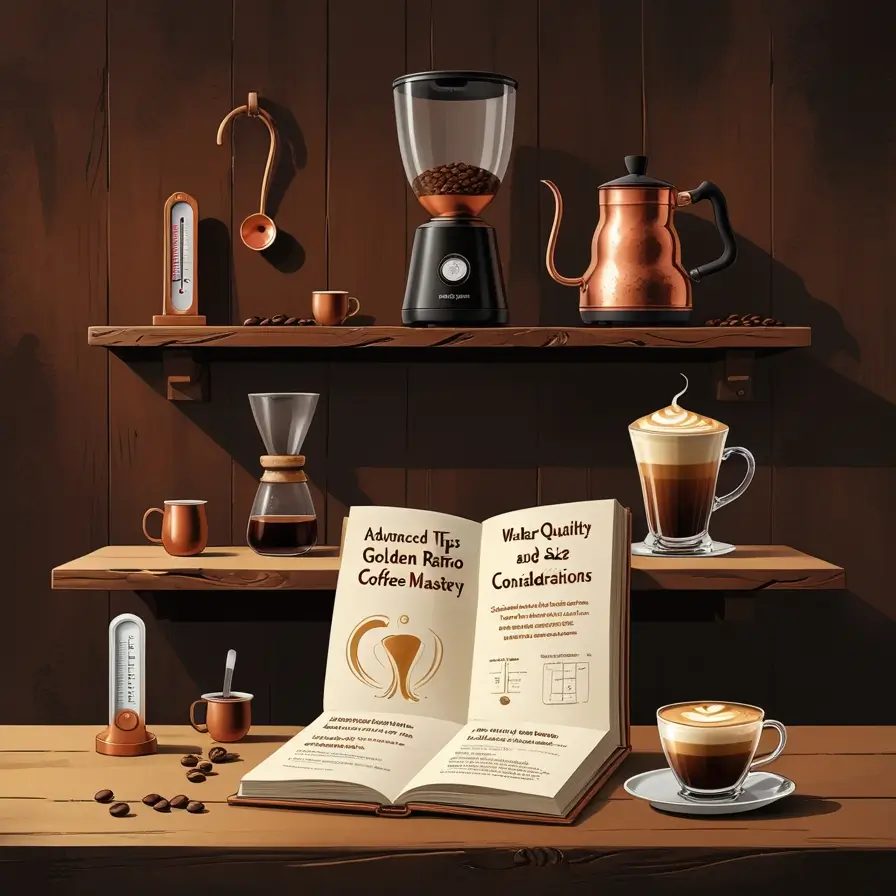 A cozy coffee preparation setup featuring shelves with various coffee equipment, including a grinder, kettle, thermometers, and brewing devices, centered around an open book titled "Advanced Tips: Golden Ratio Coffee Mastery" with coffee cups and beans scattered throughout.