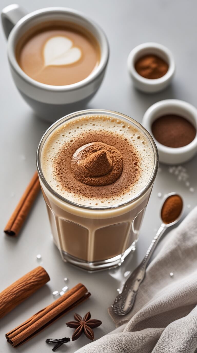 A tall glass of creamy latte topped with cocoa powder in a spiral pattern, accompanied by cinnamon sticks, star anise, and spoons with cocoa powder. A second cup with a heart-shaped latte art is visible in the background | Keywords: Almond-Butter Low-Sugar Cinnamon Dolce Latte