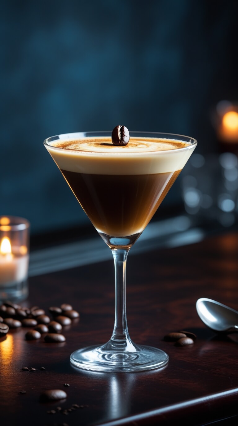 An Espresso Martini cocktail in a martini glass, layered with dark coffee and creamy foam, garnished with a coffee bean, surrounded by scattered coffee beans and candlelight on a dark wooden surface