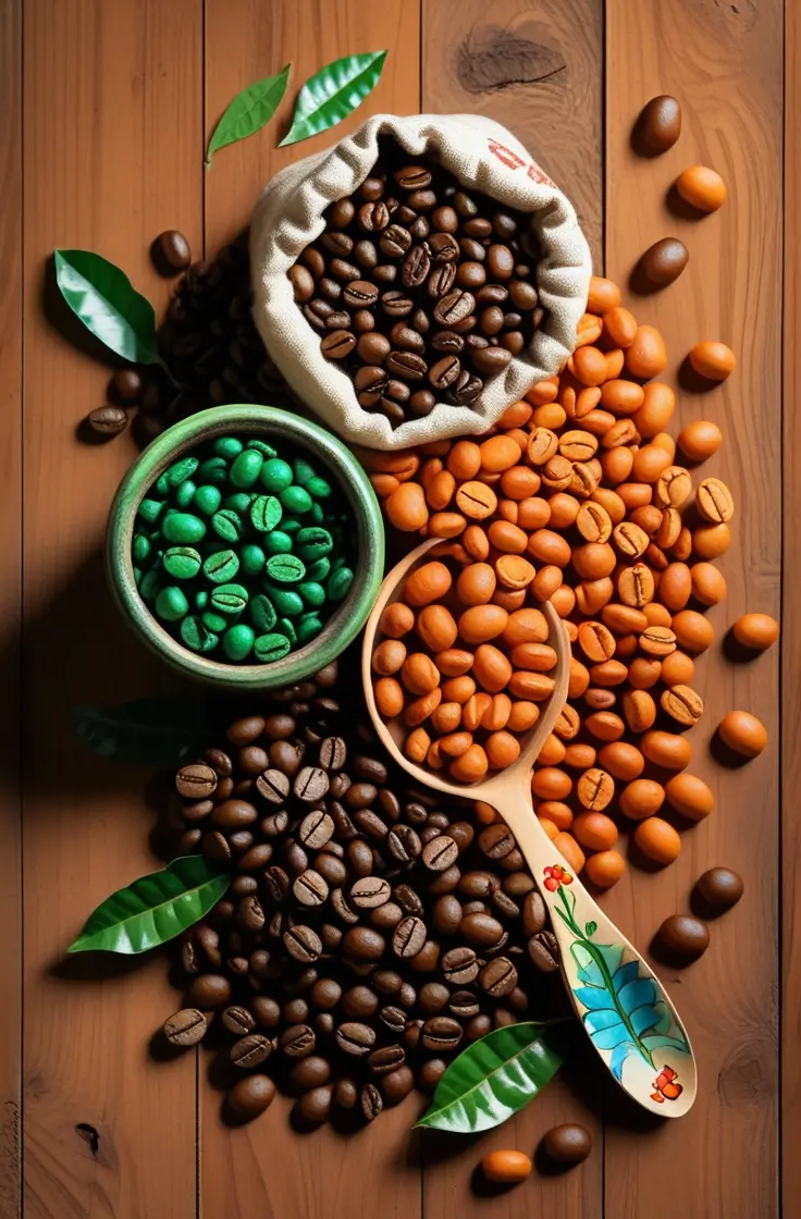 Overhead shot of different coffee beans displayed on a wooden surface - regular brown, orange-tinted, and green-colored beans in various containers with coffee leaves scattered around