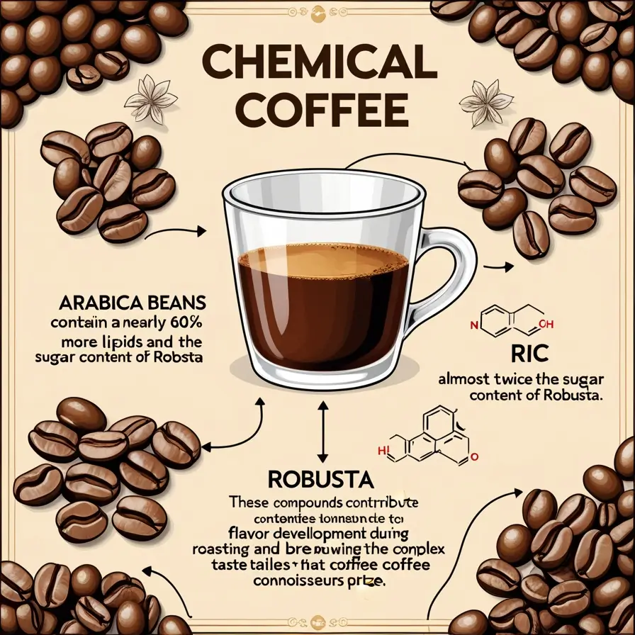 An educational infographic showing the chemical composition comparison between Arabica and Robusta coffee beans, featuring a central coffee cup illustration surrounded by coffee beans and molecular structures | Keywords: Chemical Composition, Arabica, Robusta, Coffee Chemistry