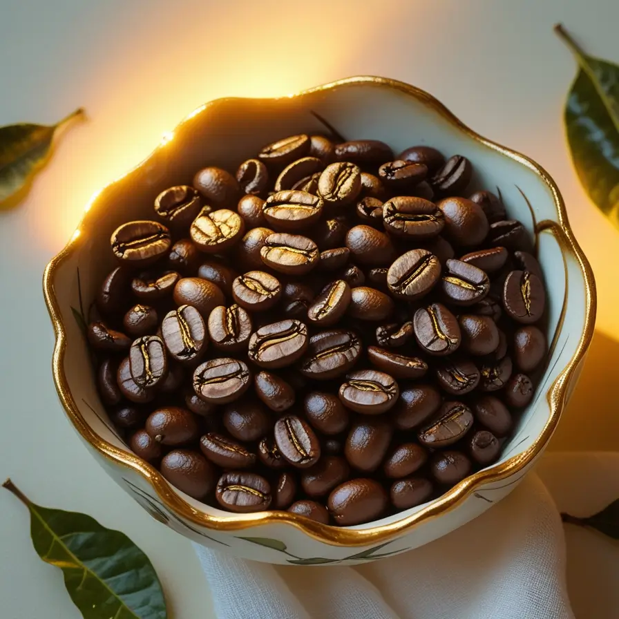 Fresh roasted coffee beans in a white and gold trimmed decorative bowl, with green coffee leaves scattered around and warm lighting highlighting the beans' rich brown color | Arabica coffee