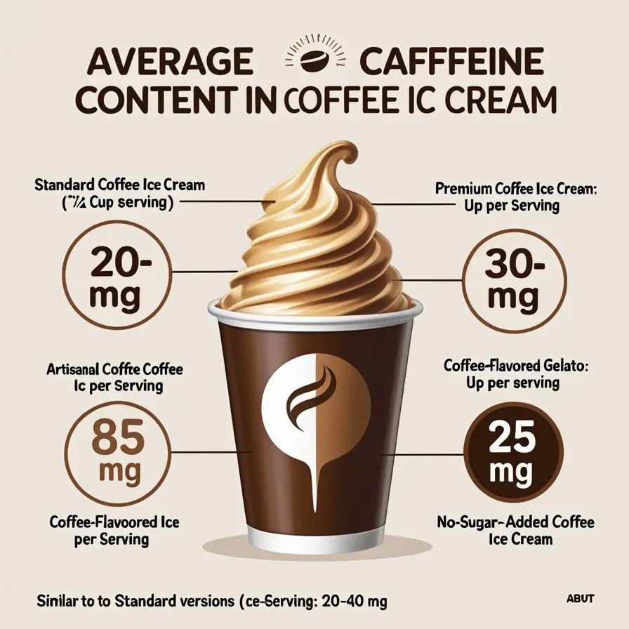 Average Caffeine Content in Coffee Ice Cream infographic showing different types of coffee ice cream and their caffeine content in milligrams, centered around a brown coffee cup with swirled ice cream