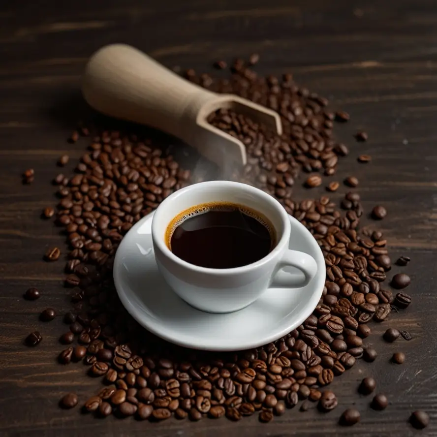 Fresh espresso in white ceramic cup and saucer surrounded by dark roast coffee beans, with a wooden coffee scoop in the background on a rustic wooden surface