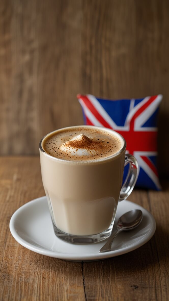 Creamy British café au lait in a glass mug with Union Jack flag decoration on rustic wooden table