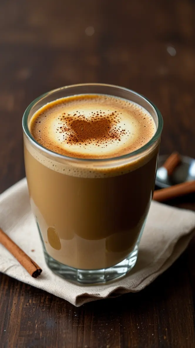 A glass of frothy, golden-colored butter coffee with cinnamon sticks on a wooden surface.