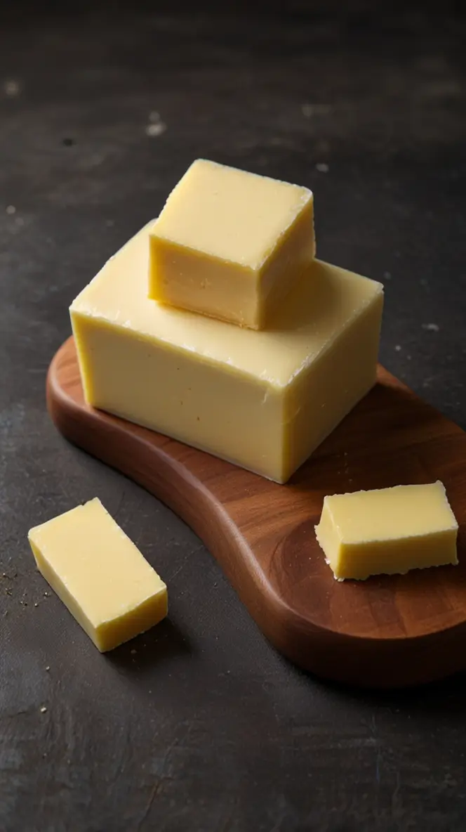 Blocks of fresh yellow butter stacked artistically on a wooden cutting board against a dark background