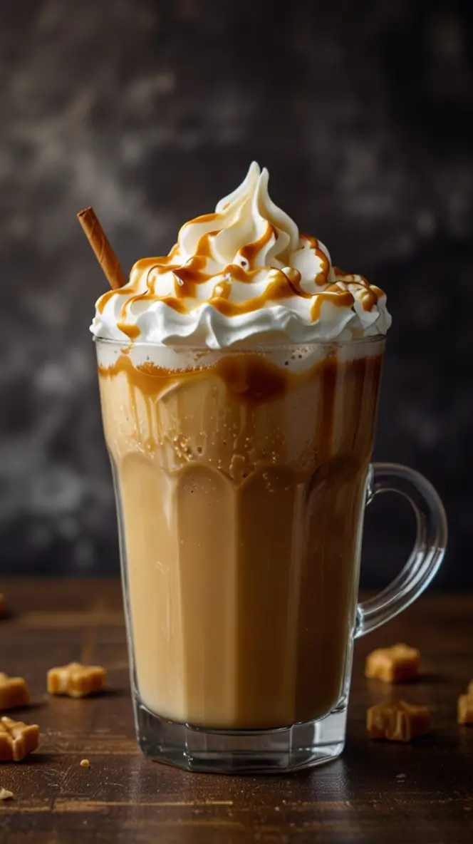  A glass mug filled with a caramel-flavored coffee drink, topped with whipped cream and a drizzle of caramel.