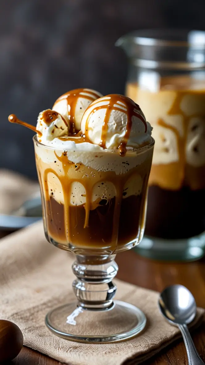 Caramel Iced Coffee Affogato served in a tall glass, topped with vanilla ice cream scoops and drizzled with caramel sauce, creating layers of coffee, cream, and caramel.