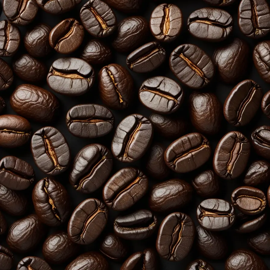 Close-up macro shot of dark roasted coffee beans showing rich brown color, oily surface, and distinctive crack patterns characteristic of dark roast coffee beans against a black background