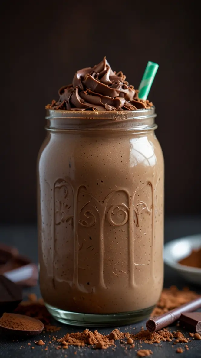 Chocolate mocha protein frappé in Mason jar with chocolate whipped cream, cocoa powder, and chocolate shavings