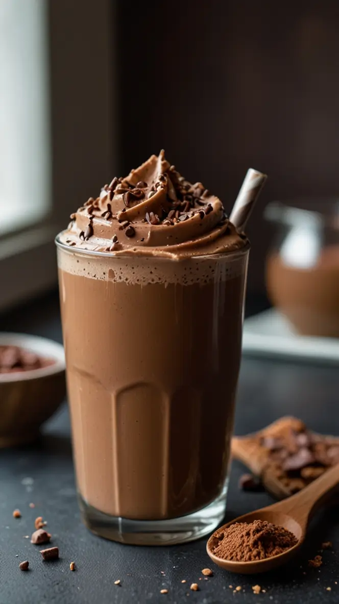  A glass filled with a chocolate-based coffee drink topped with whipped cream and chocolate shavings, Top Viral Coffee Recipes Chocolate Protein Mocha