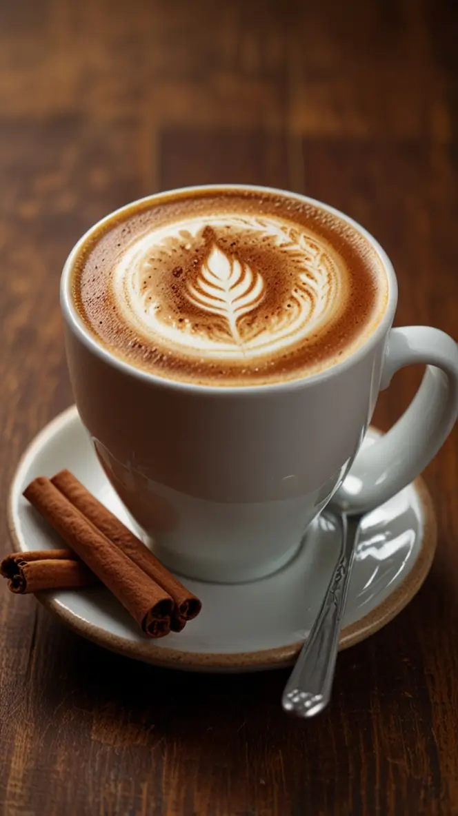 Hot latte with leaf latte art design served in white ceramic cup with cinnamon sticks on wooden table