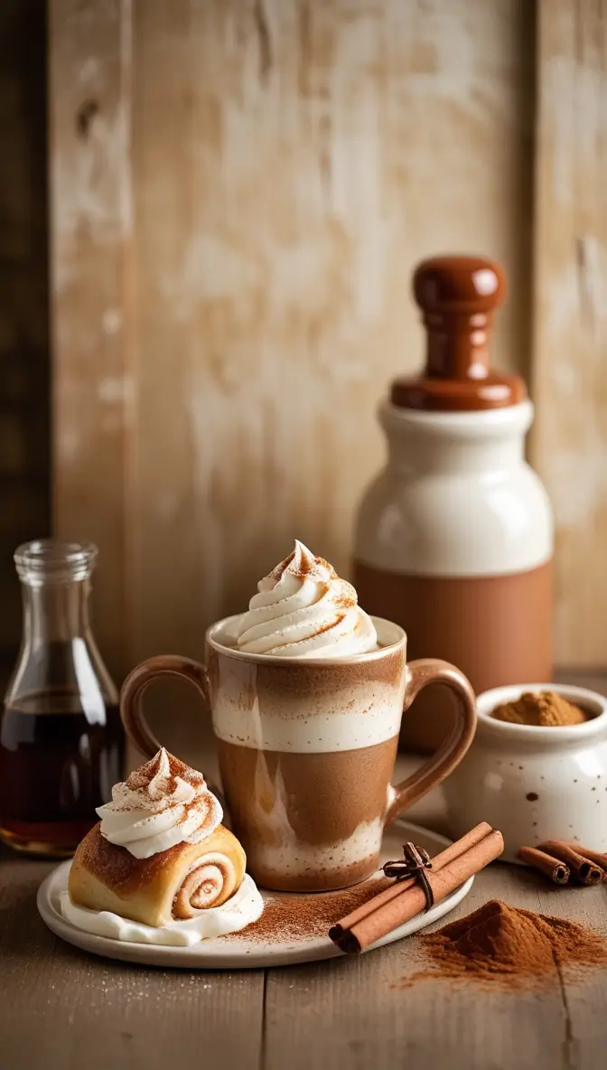 A steaming mug of cinnamon-flavored coffee with whipped cream and cinnamon sticks.