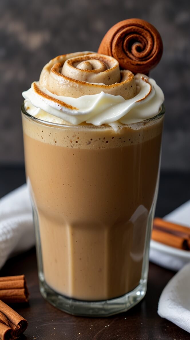 Creamy cinnamon roll protein coffee topped with whipped cream and decorative mini cinnamon roll garnishes in a tall glass, with cinnamon sticks on dark surface